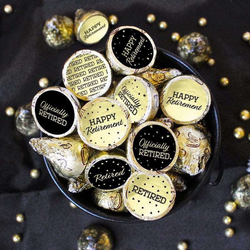 DISTINCTIVS Black and Gold Retirement Party Favor Stickers â€“ 180 Count, Chocolate Kisses Candy Stickers â€“ Shiny Gold Retirement Party Favors for Guests - Image 2